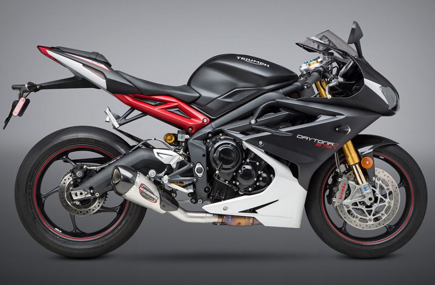 Yoshimura Street ALPHA T Stainless/Carbon Slip-On Exhaust '13-'17 Triumph Daytona 675/R | Works Finish