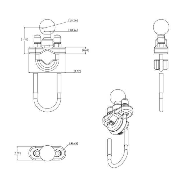 RAM Handlebar U-Bolt Base for Rail 0.5" to 1.25" in Diameter
