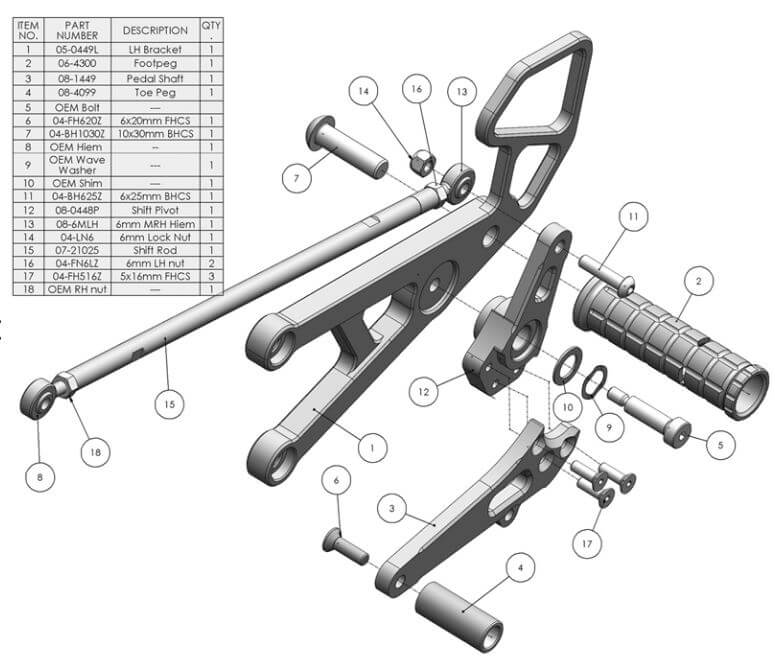 Woodcraft Complete Rearset Standard Shift for '06-'16 Yamaha YZF-R6