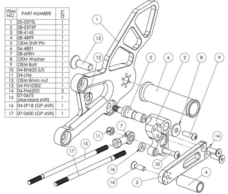 Woodcraft Complete Adjustable Rearset Kit Standard Shift for Honda CBR250R
