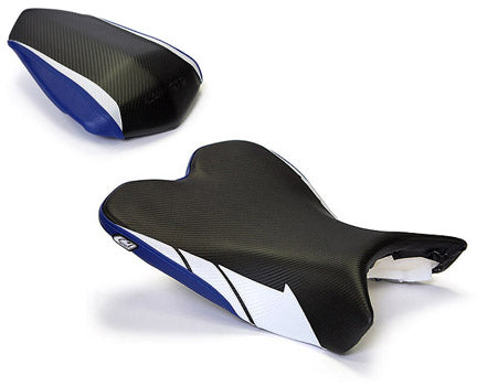 LuiMoto Sport Seat Covers '09-'14 Yamaha YZF R1 - CF Black/CF Pearl/Blue - Motostarz USA