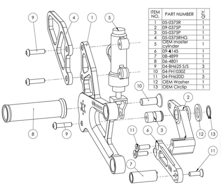 Woodcraft Complete Adjustable Rearset Kit Standard Shift for Honda CBR250R