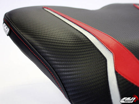 LuiMoto Raven Edition Seat Cover '09-'14 Yamaha YZF R1 - CF Black/Red/Silver