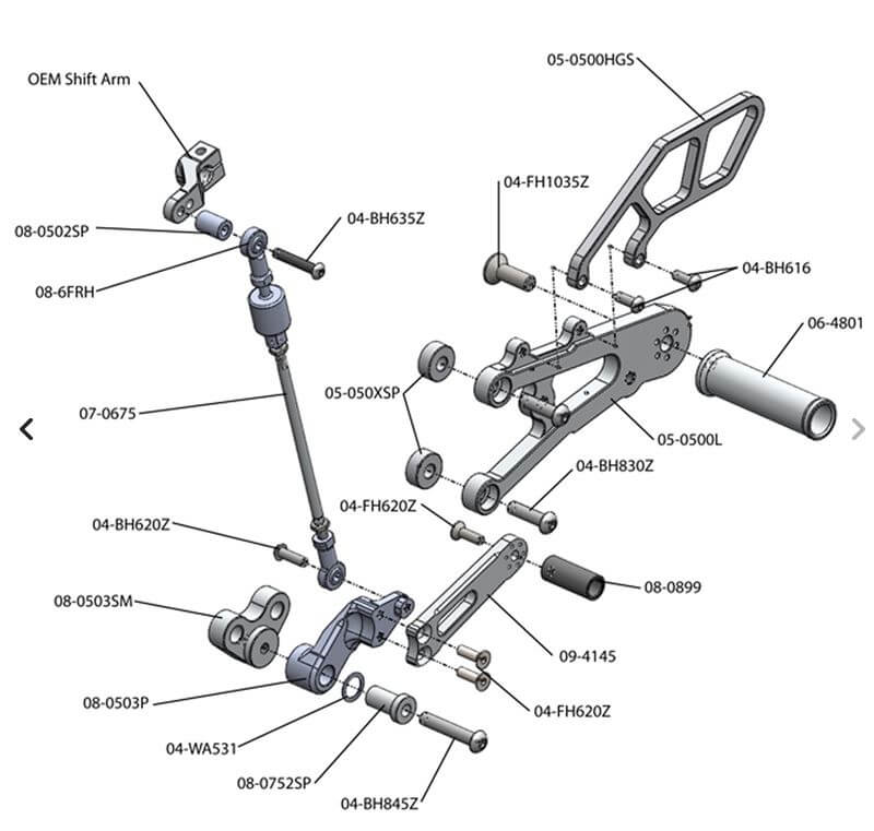 Woodcraft Complete Rearset Kit GP Shift Without QuickShifter for '13-'17 Triumph 675