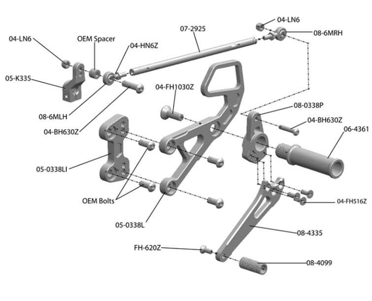 Woodcraft Complete Rearset Kit for '07-'19 Honda CBR600RR