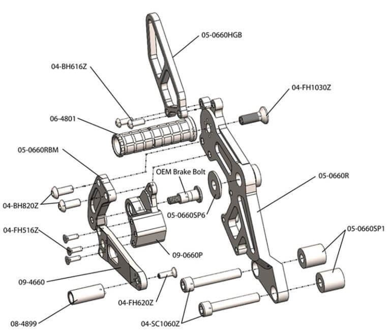 Woodcraft Complete Rearset Kit for '09-'14 Ducati Monster 696/796/1100