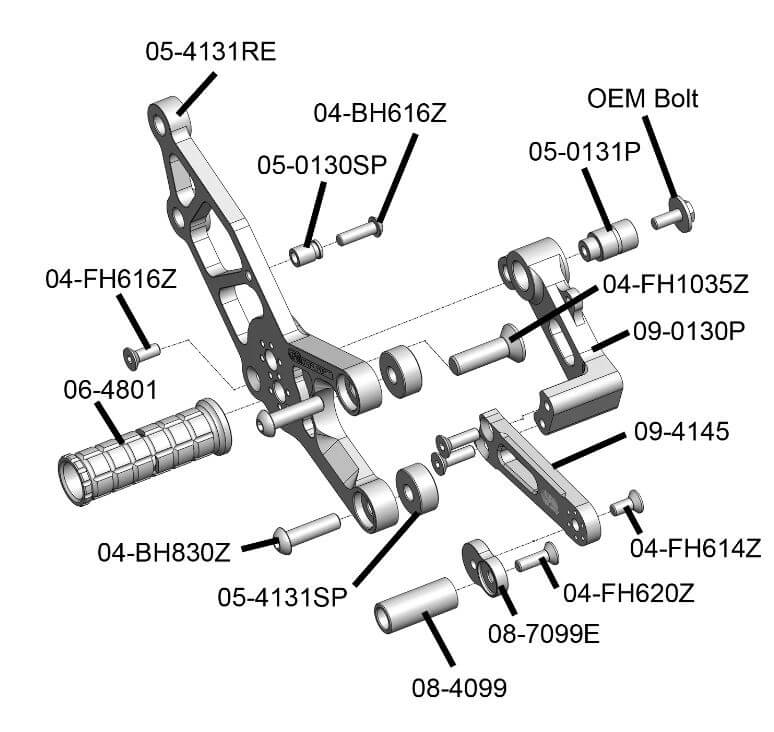 Woodcraft Complete Rearset Kit w/Pedals '13-'17 Kawasaki Ninja 300 | STD/GP Shift