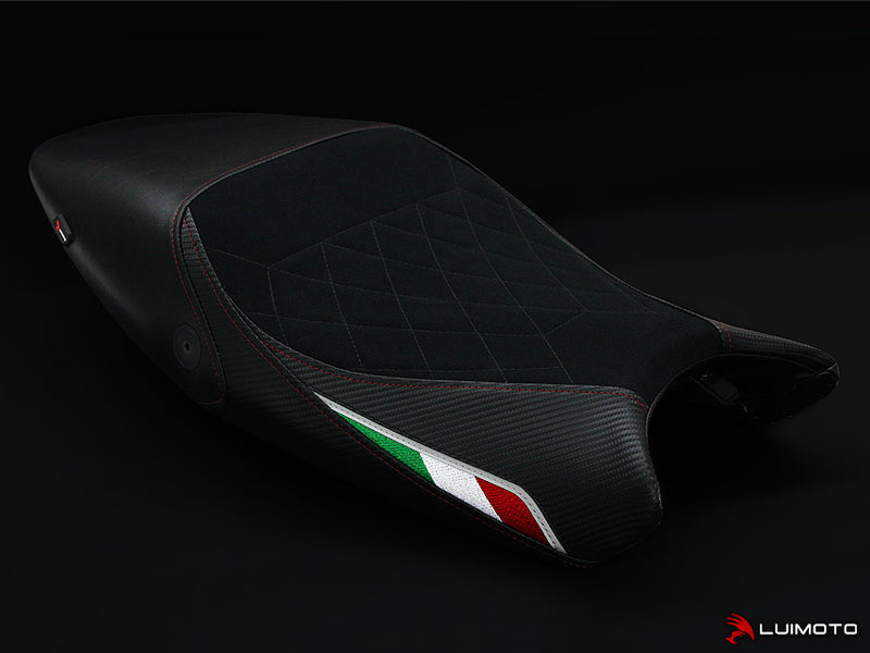 LuiMoto Diamond Edition Seat Cover for Ducati Monster 696/796/1100 - Suede/Cf Black/Black - Red Diamond Stitching