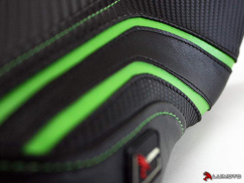 LuiMoto Team Kawasaki Seat Cover - 2012-2014 Kawasaki ER6n / ER6f (Ninja 650R) - CF Black/Lime Green