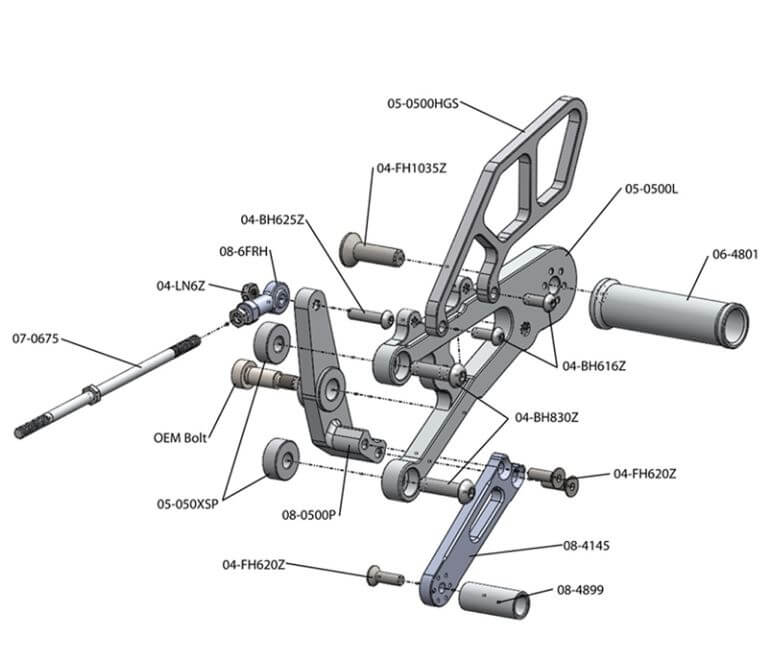 Woodcraft Complete Rearset Kit Standard Shift With Quick Shifter for '13-'17 Triumph 675