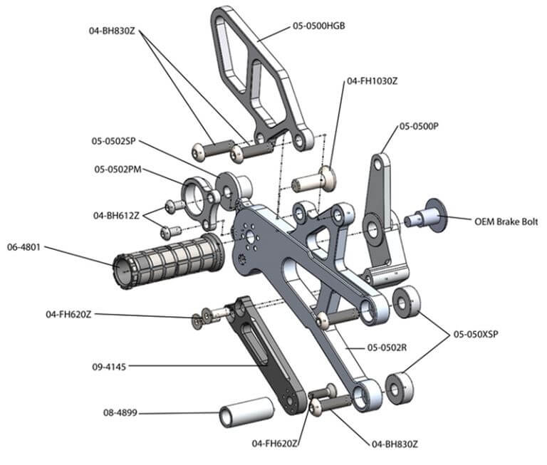 Woodcraft Complete Rearset Kit Standard Shift With Quick Shifter for '13-'17 Triumph 675
