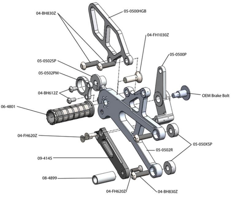 Woodcraft Complete Rearset GP Shift With QuickShifter for '13-'17 Triumph 675