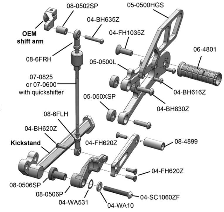 Woodcraft Complete Rearset GP Shift With QuickShifter for '13-'17 Triumph 675