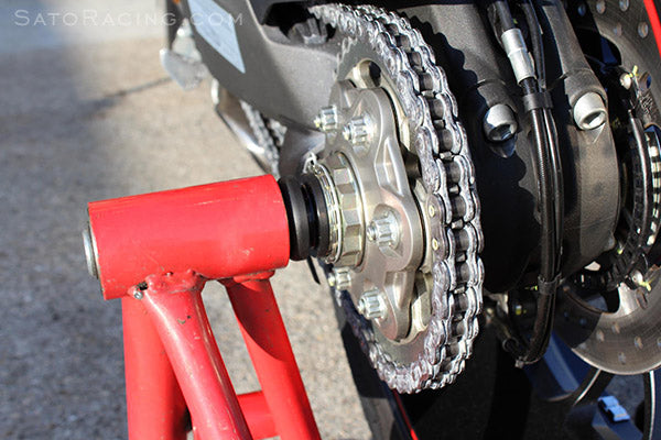 These Axle Sliders are designed so the wheel can be mounted on a single-sided swingarm-type bike stand, using an 848-sized shaft.  