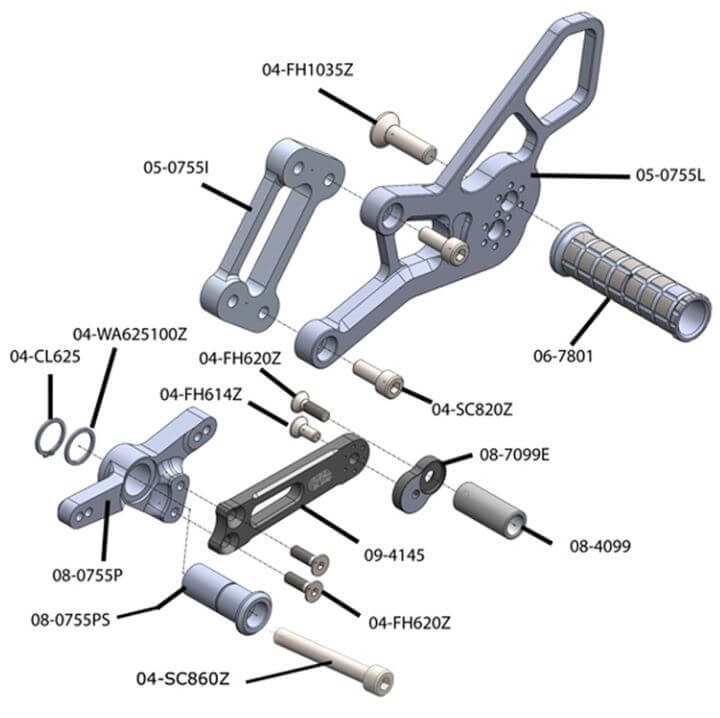 Woodcraft Std/GP Complete Rearsets Kit for '15-'18 BMW S1000RR|05-0755B