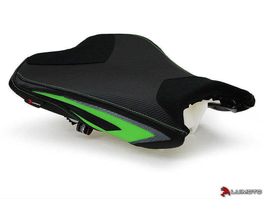 LuiMoto Team Kawasaki Seat Cover for 2013-2015 Kawasaki ZX-6R 636 - Suede/Cf Black/Lime Green