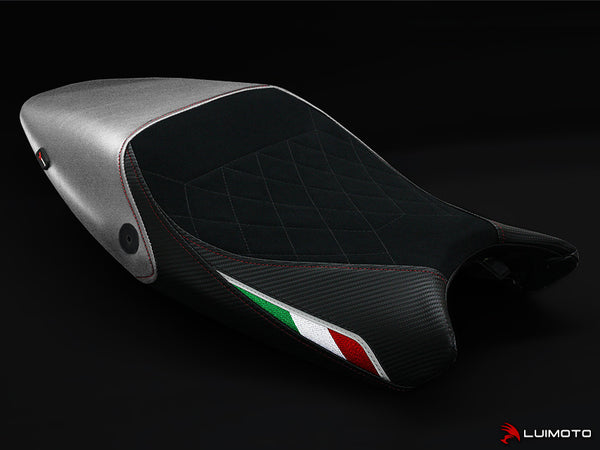 LuiMoto Diamond Edition Seat Cover for Ducati Monster 696/796/1100 - Suede/Cf Black/Silver (Black Diamond Stitching)