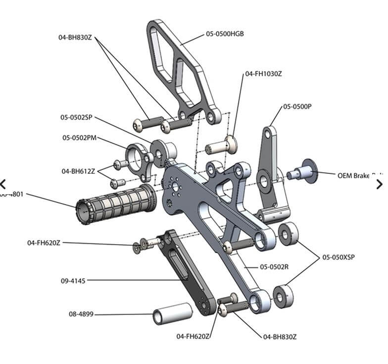 Woodcraft Complete Rearset Kit GP Shift Without QuickShifter for '13-'17 Triumph 675