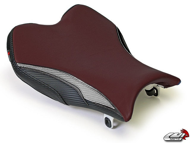LuiMoto Team Suzuki TYPE II Seat Covers for 2009-2014 Suzuki GSXR 1000 - Burgundy/Silver/CF Black