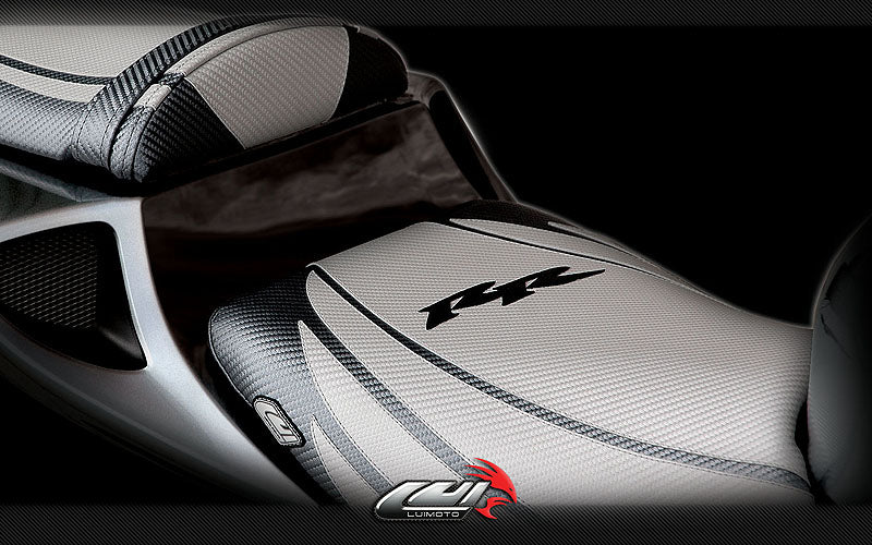 LuiMoto Tribal Flight CF Seat Covers 2004-2007 Honda CBR1000RR - CF Silver/CF Black/Black RR logo
